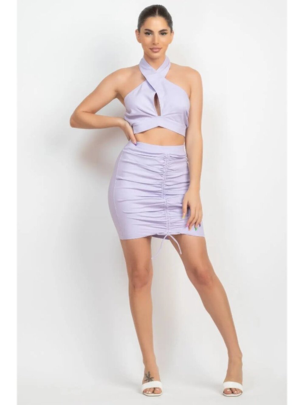 Cross Halter Top & Ruched Skirts Set